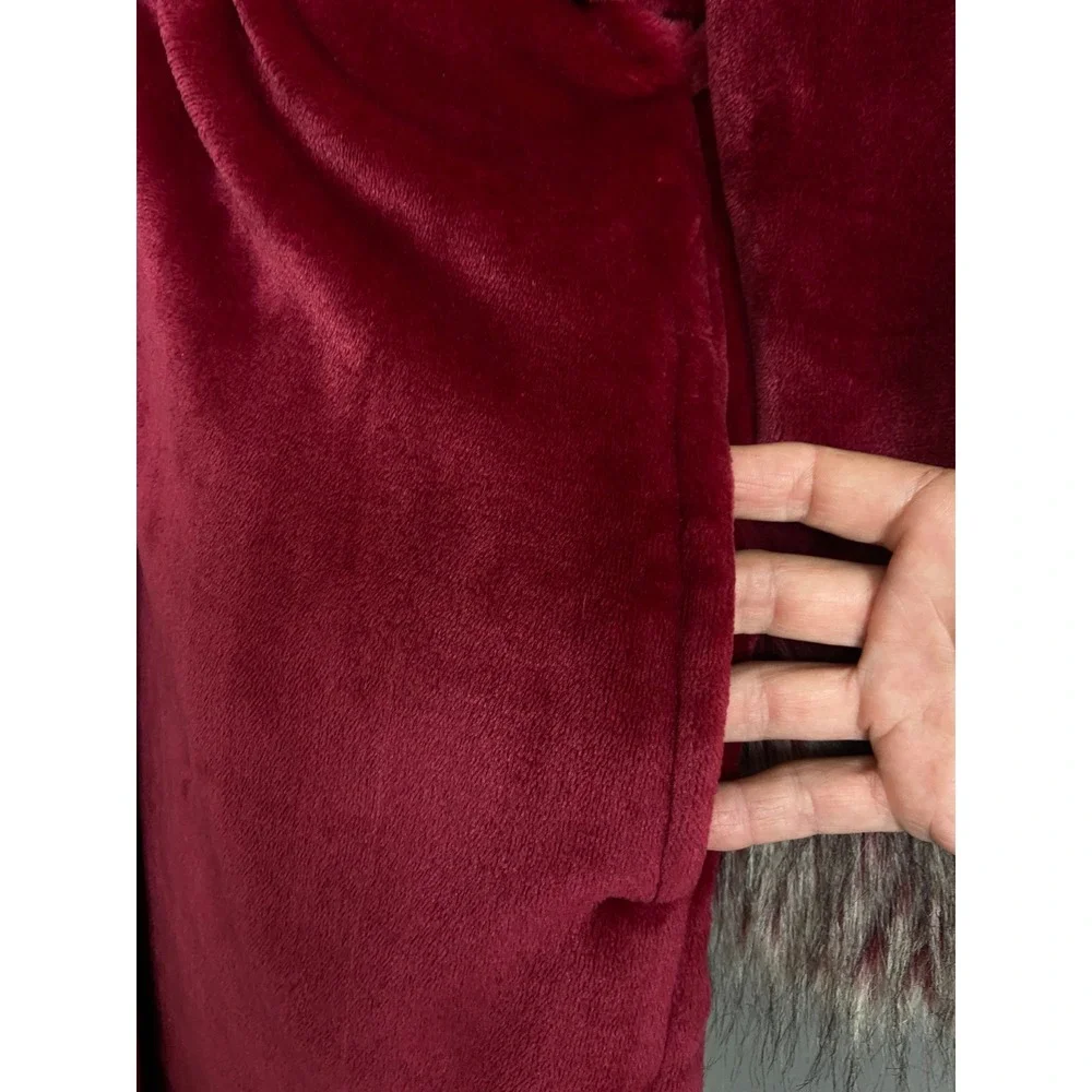 Adrienne Landau Womens Red Faux Fur Trim Plush Fleece‎ Long Robe M/L Loungewear